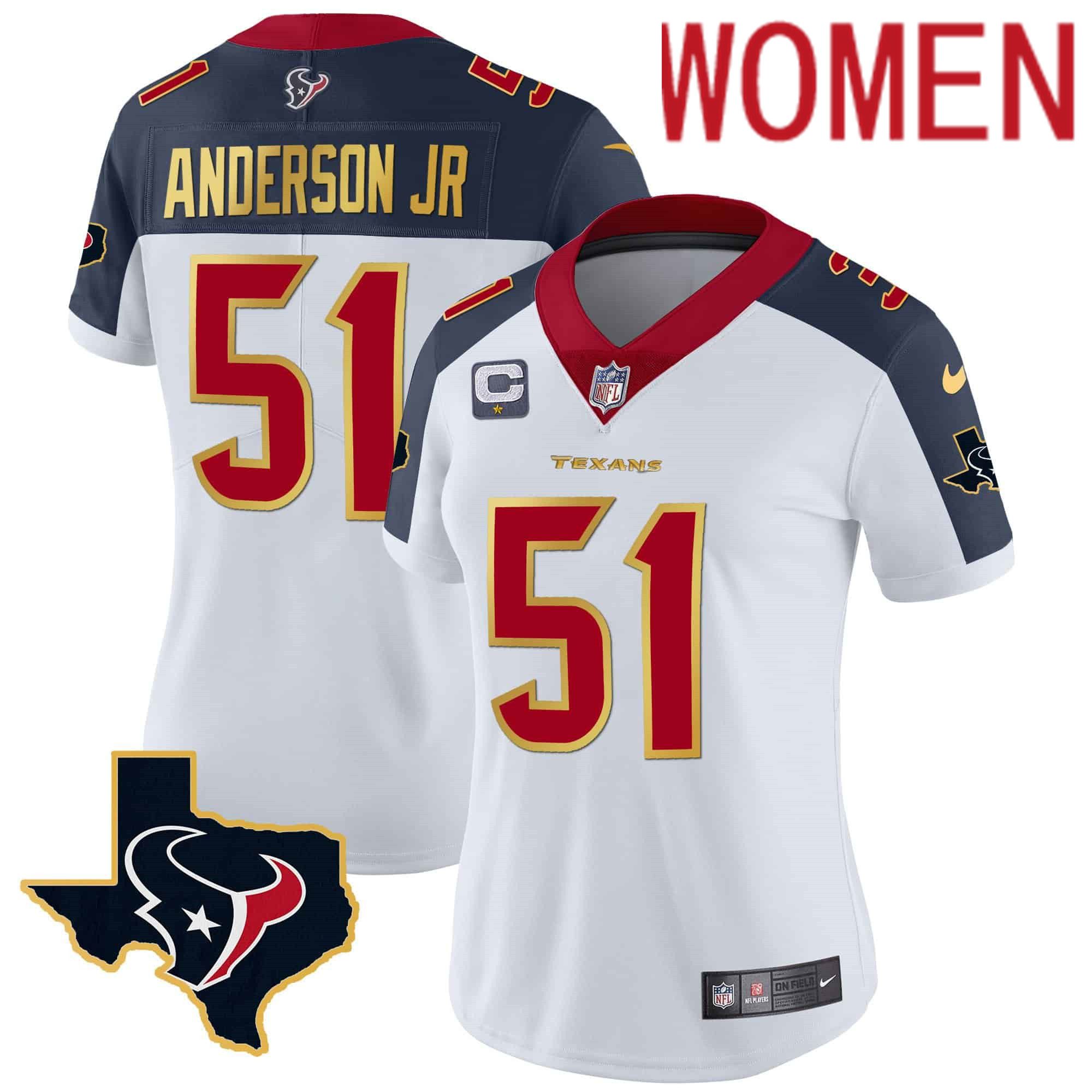 Women Houston Texans 51 Anderson jr White Gold 2024 Nike Trim Vapor NFL Jersey style 2